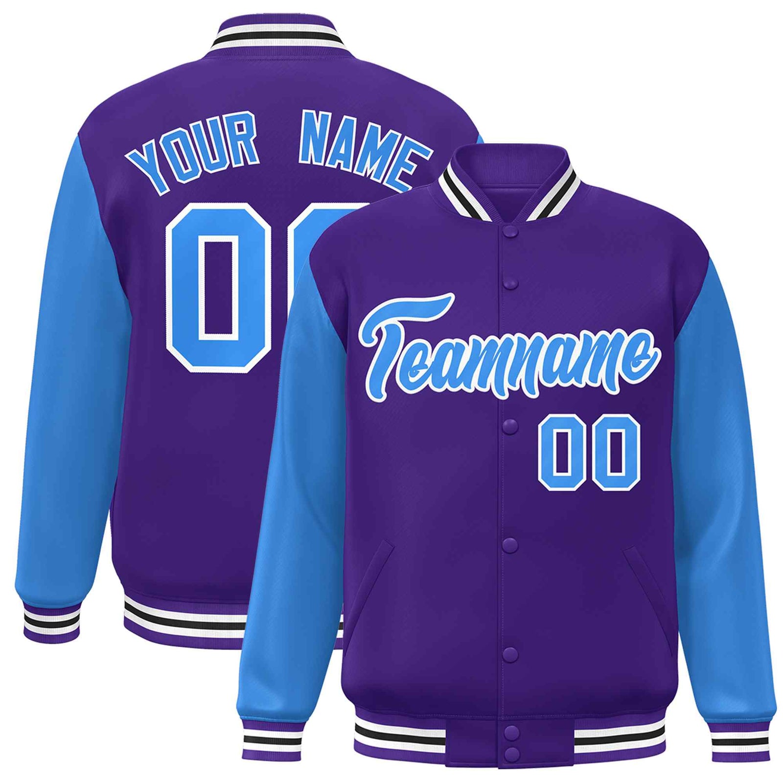 Custom Purple Powder Blue-White Raglan Sleeves Varsity Full-Snap Letterman Jacket