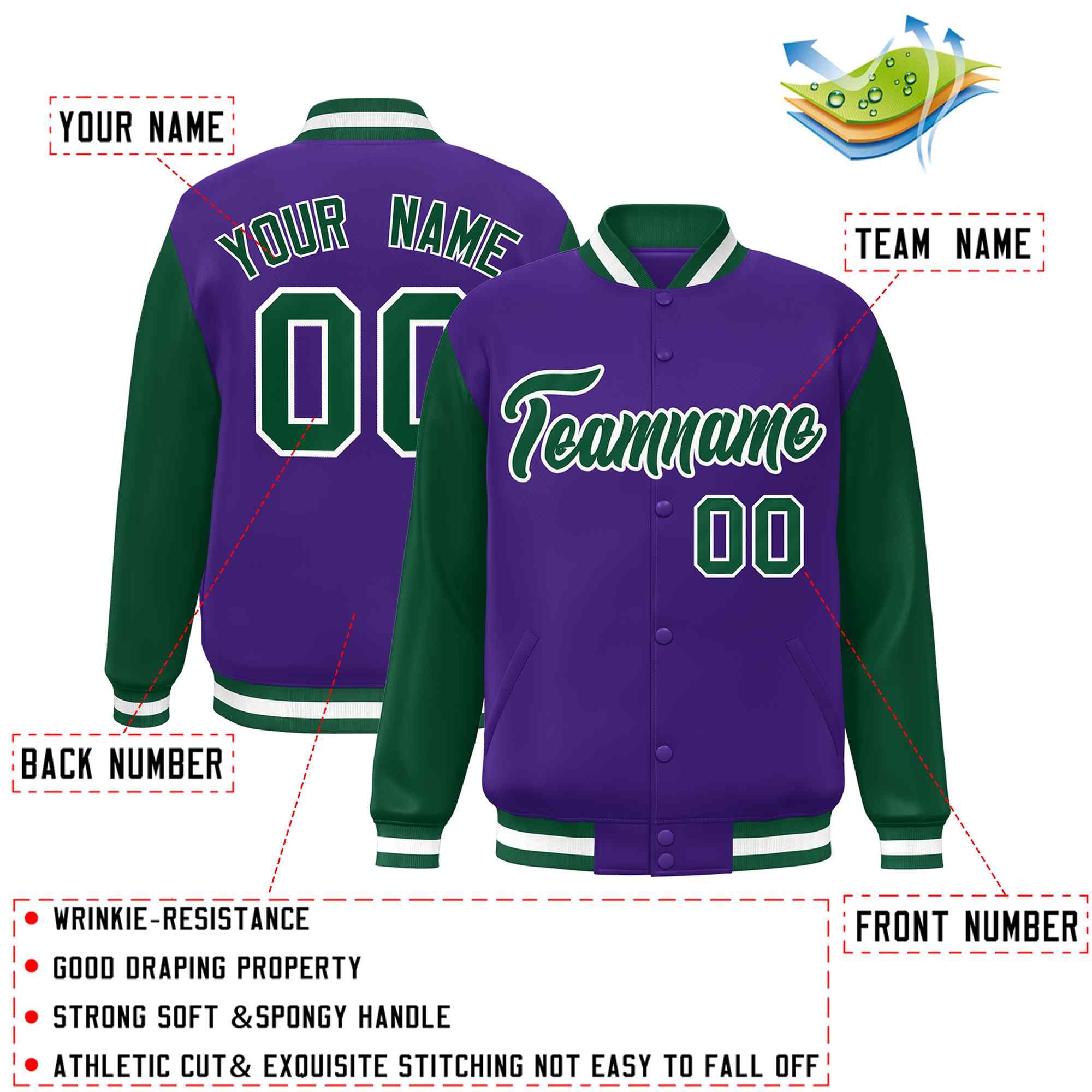 Custom Purple Green-White Raglan Sleeves Varsity Full-Snap Letterman Jacket