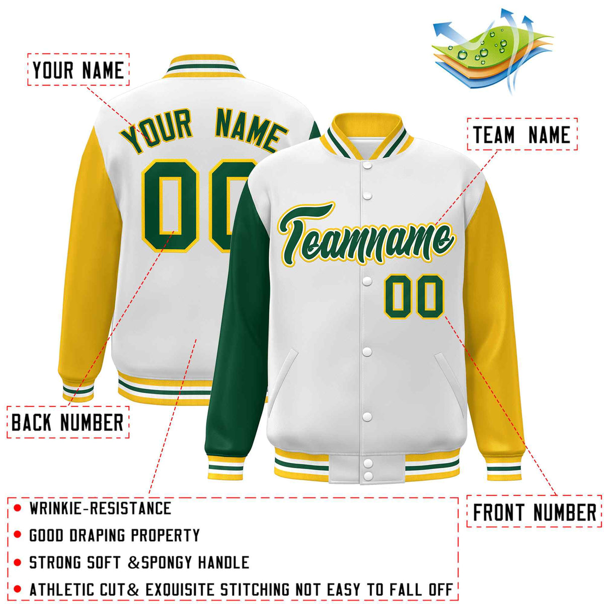 Custom White Green-White Raglan Sleeves Varsity Full-Snap Letterman Jacket