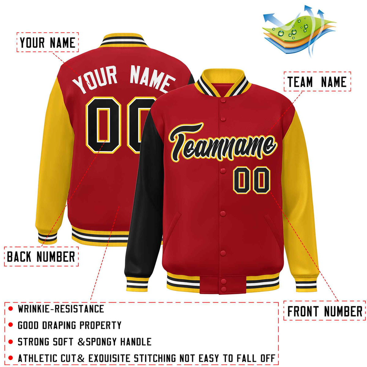 Custom Red Black-White Raglan Sleeves Varsity Full-Snap Letterman Jacket