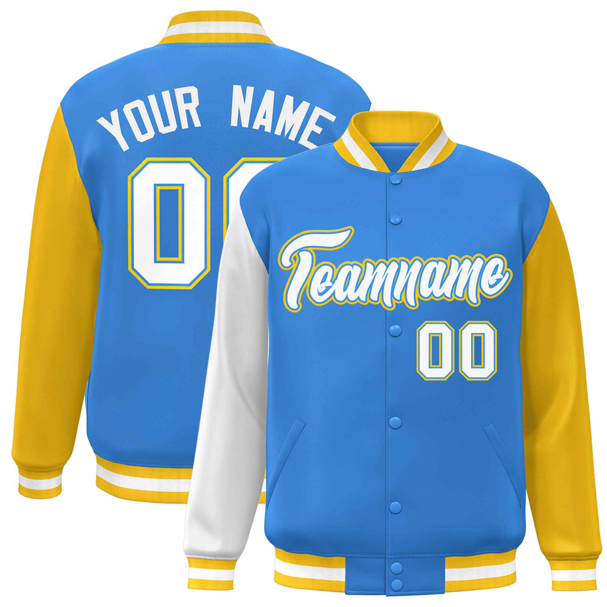 Custom Powder Blue White-Powder Blue Raglan Sleeves Varsity Full-Snap Letterman Jacket