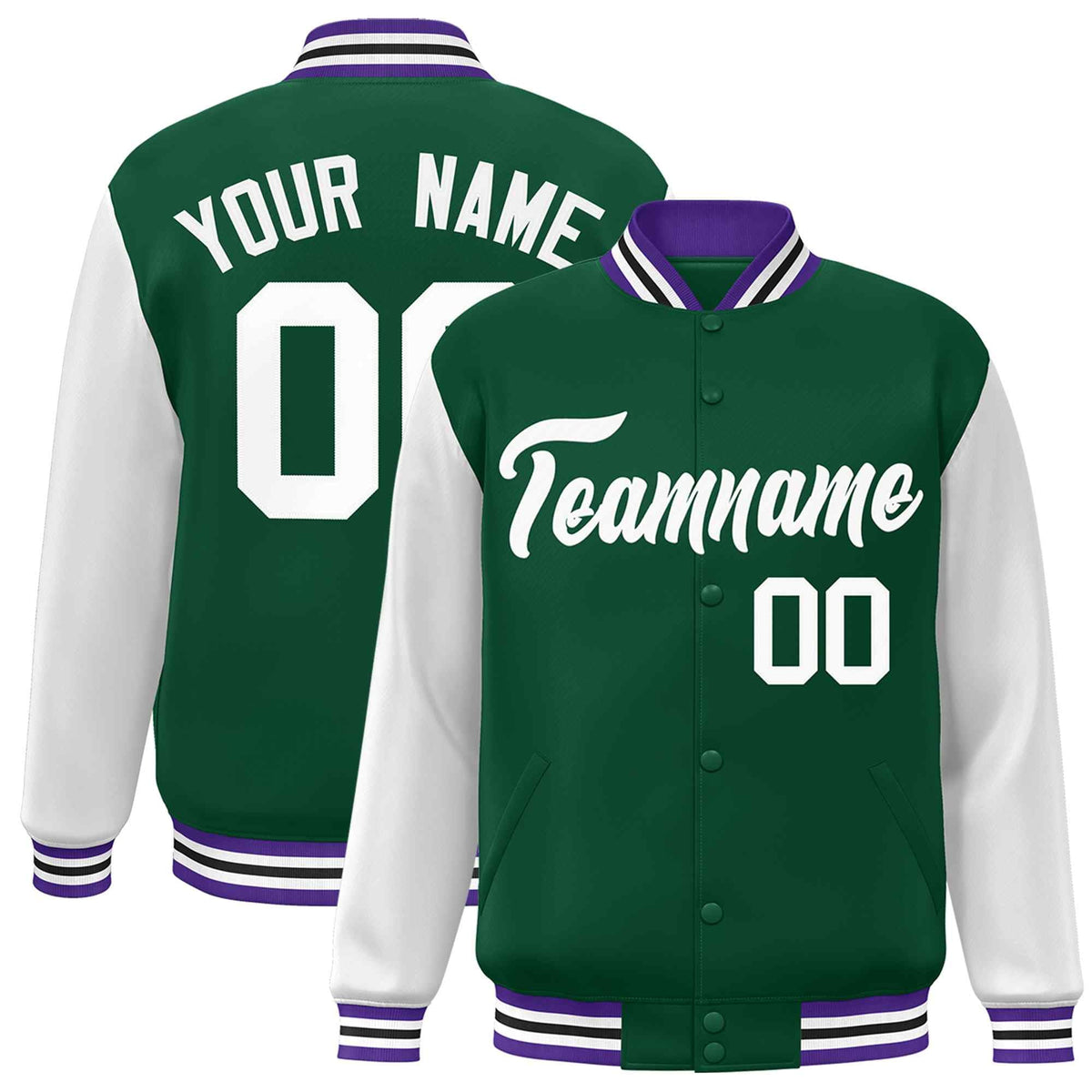 Custom Green White Raglan Sleeves Varsity Full-Snap Letterman Jacket