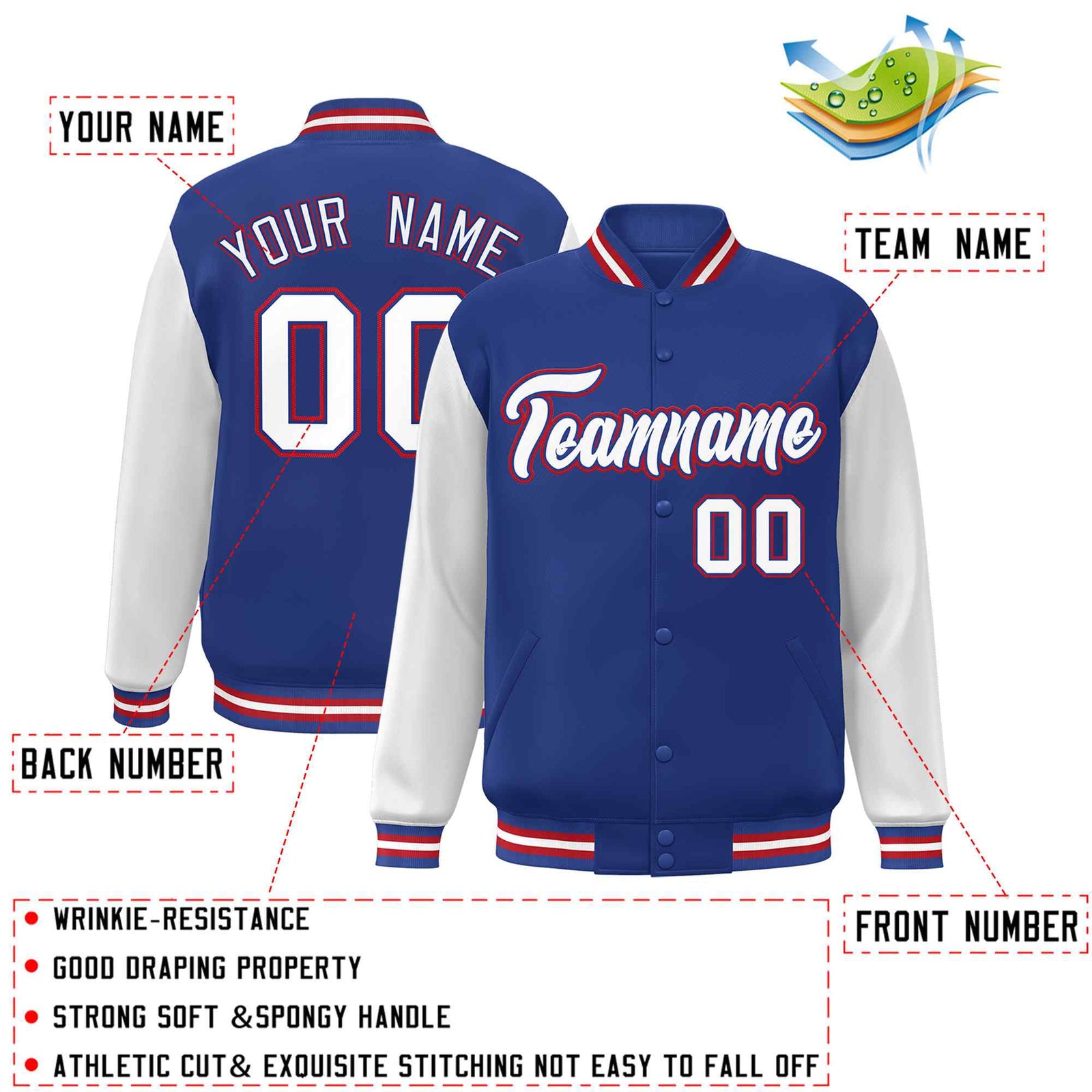 Custom Royal White-Royal Raglan Sleeves Varsity Full-Snap Letterman Jacket