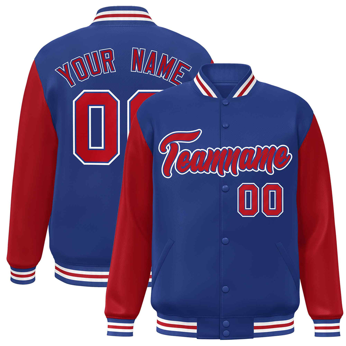 Custom Royal Red-Royal Raglan Sleeves Varsity Full-Snap Letterman Jacket