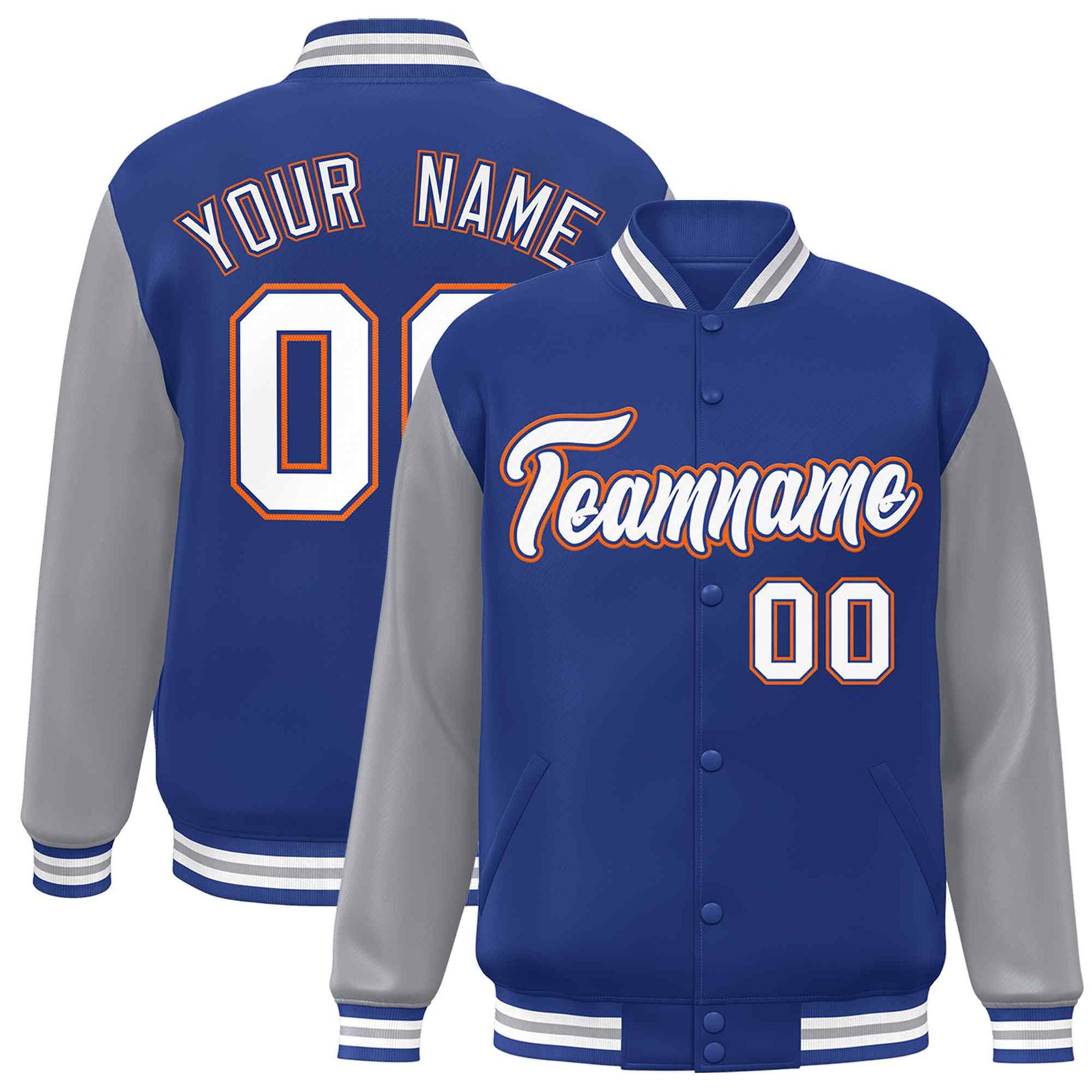 Custom Royal White-Royal Raglan Sleeves Varsity Full-Snap Letterman Jacket