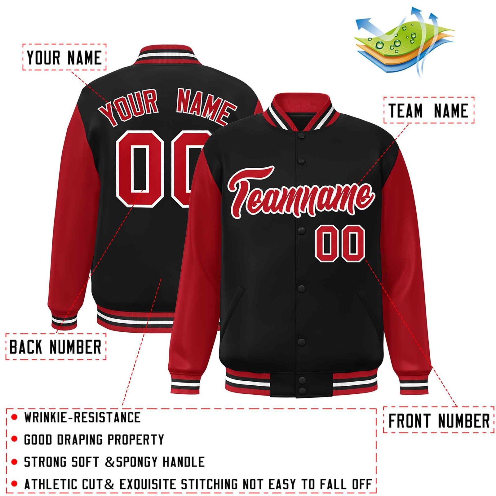 Custom Black Red-White Raglan Sleeves Varsity Full-Snap Letterman Jacket