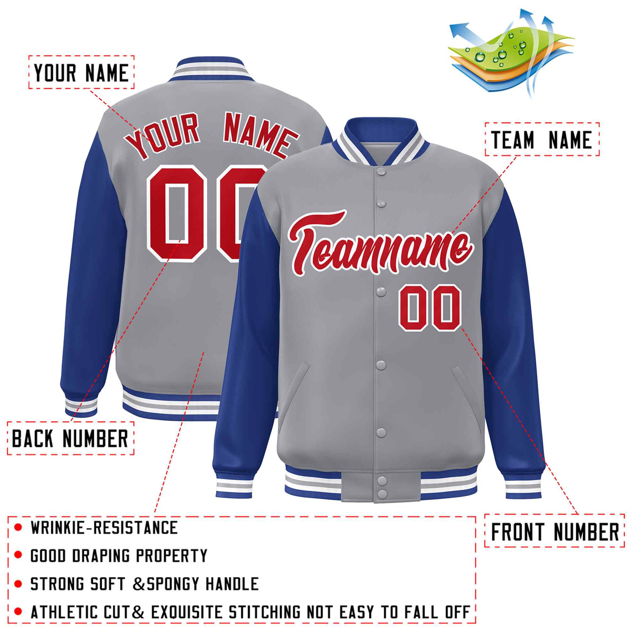 Custom Gray Red-White Raglan Sleeves Varsity Full-Snap Letterman Jacket