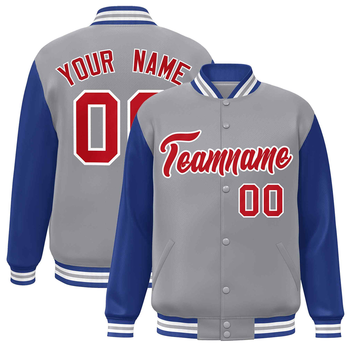Custom Gray Red-White Raglan Sleeves Varsity Full-Snap Letterman Jacket