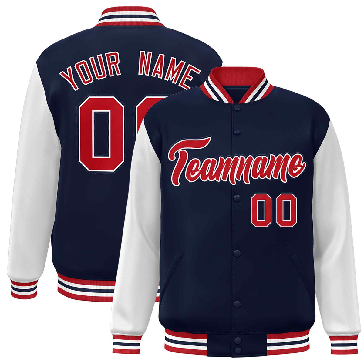 Custom Navy Red-White Raglan Sleeves Varsity Full-Snap Letterman Jacket