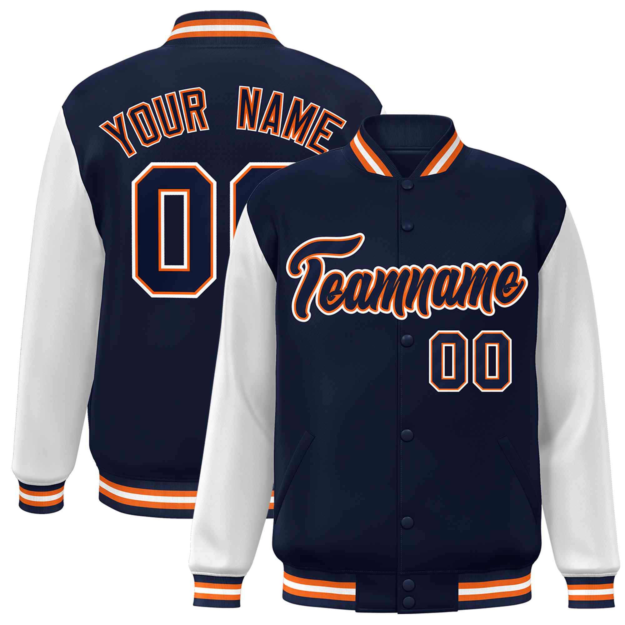Custom Navy Navy-Orange Raglan Sleeves Varsity Full-Snap Letterman Jacket