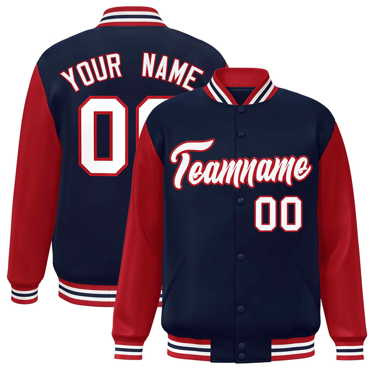 Custom Navy White-Red Raglan Sleeves Varsity Full-Snap Letterman Jacket