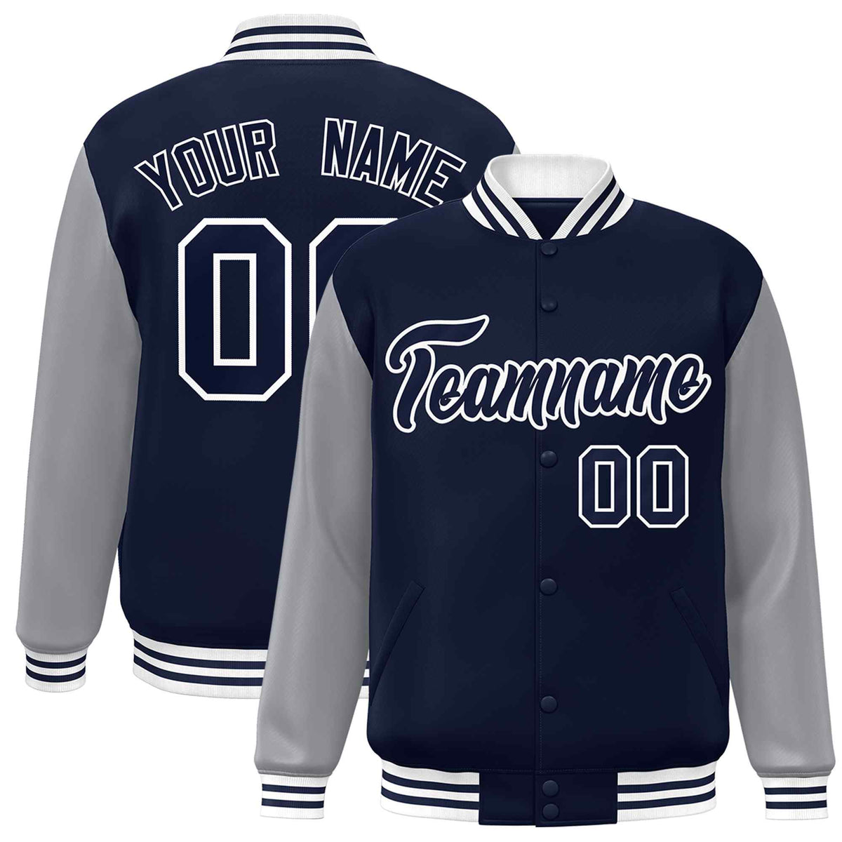 Custom Navy Navy-White Raglan Sleeves Varsity Full-Snap Letterman Jacket