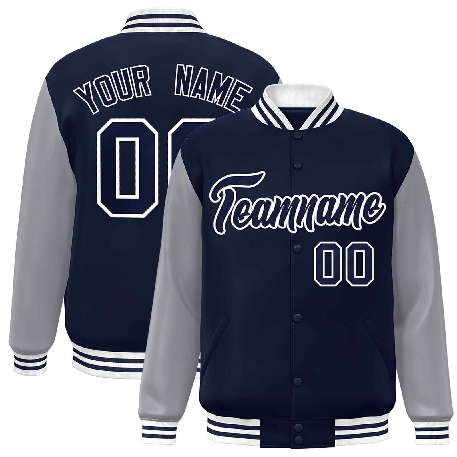 Custom Navy Navy-White Raglan Sleeves Varsity Full-Snap Letterman Jacket