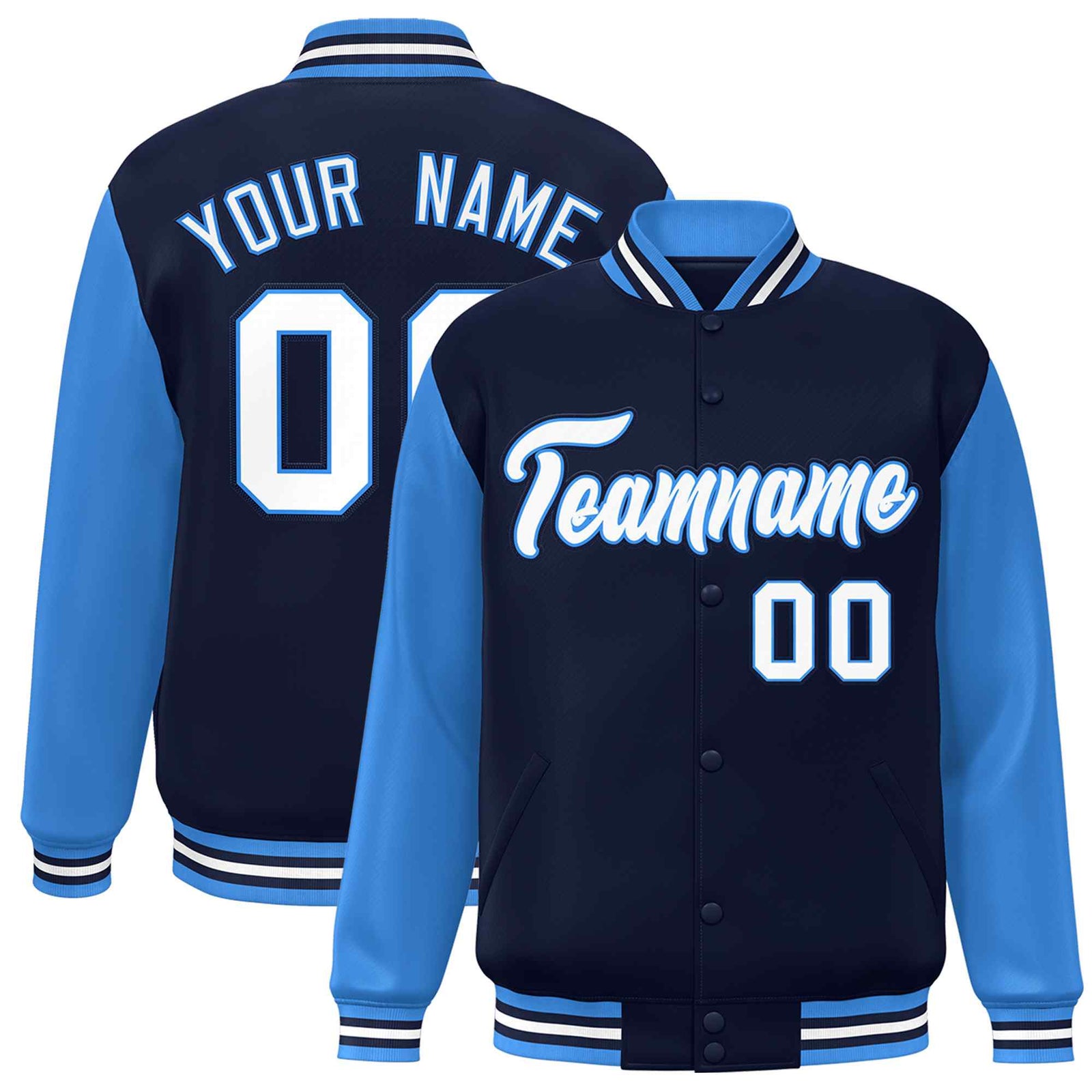 Custom Navy White-Powder Blue Raglan Sleeves Varsity Full-Snap Letterman Jacket