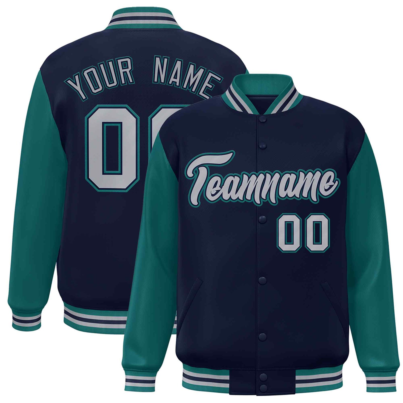 Custom Navy Gray-Navy Raglan Sleeves Varsity Full-Snap Letterman Jacket