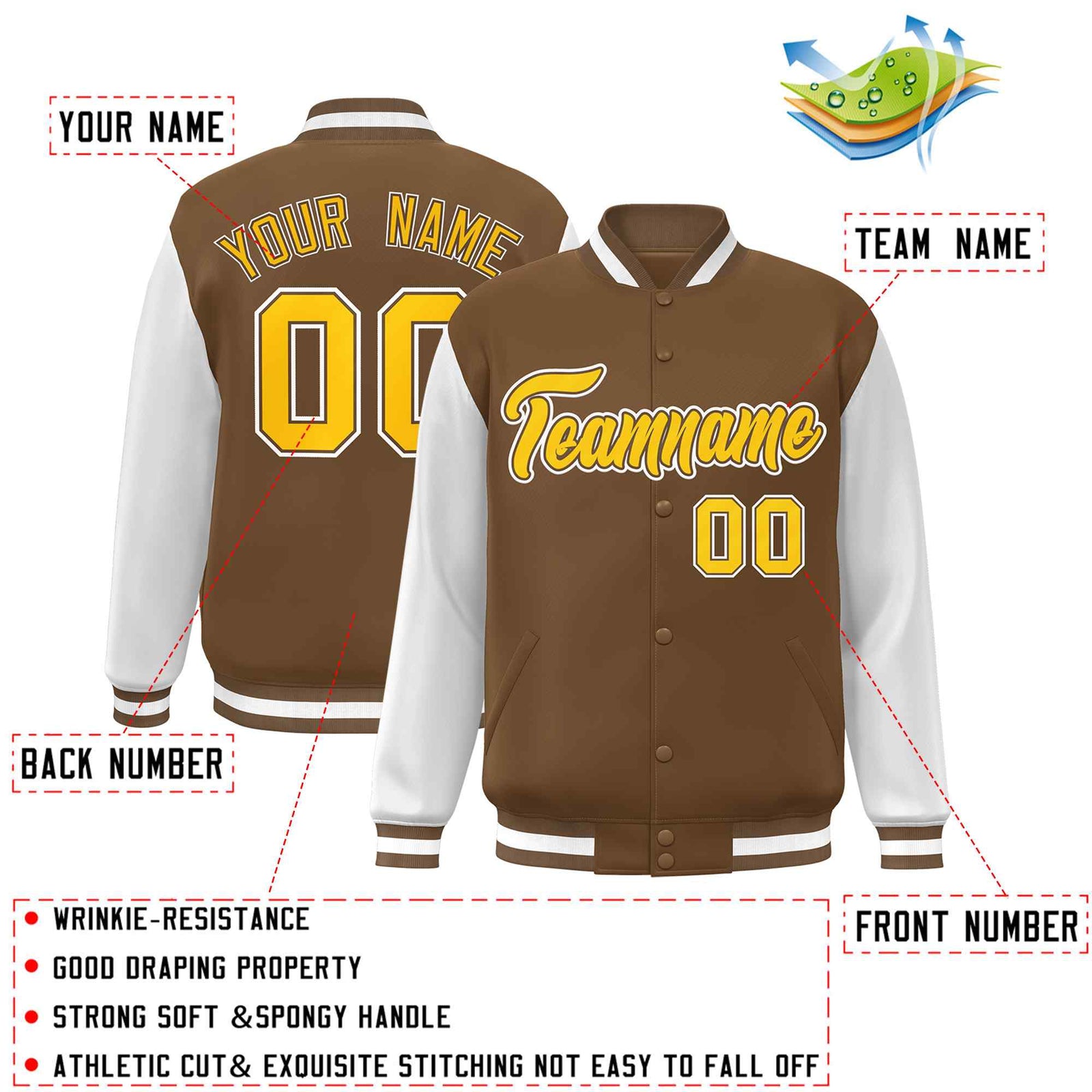 Custom Light Brown Gold-White Raglan Sleeves Varsity Full-Snap Letterman Jacket