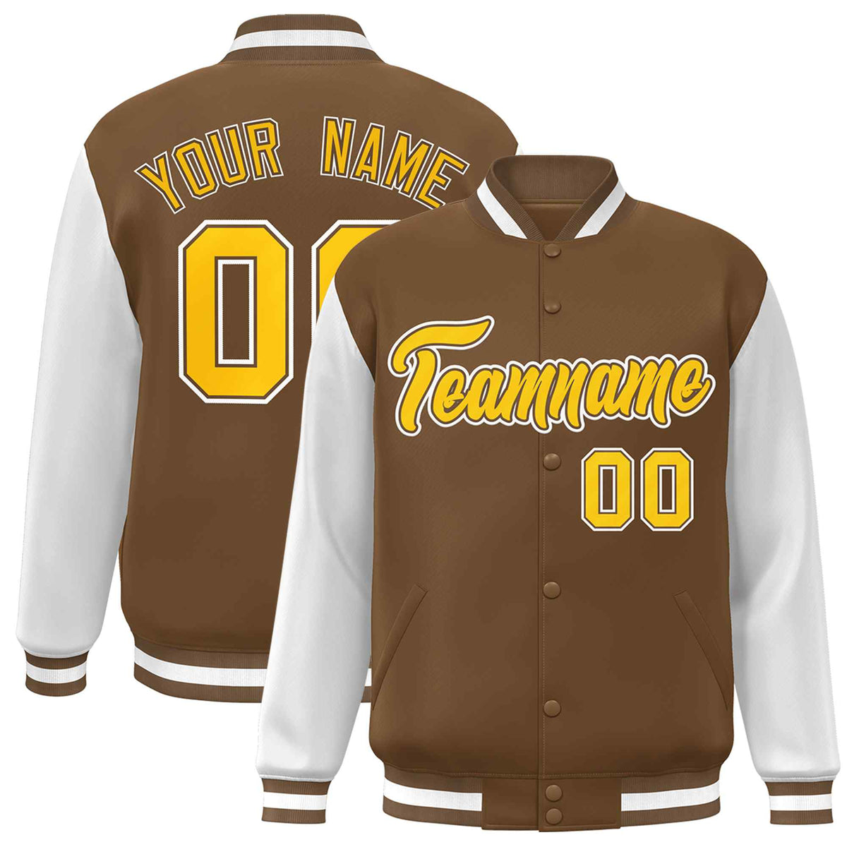 Custom Light Brown Gold-White Raglan Sleeves Varsity Full-Snap Letterman Jacket