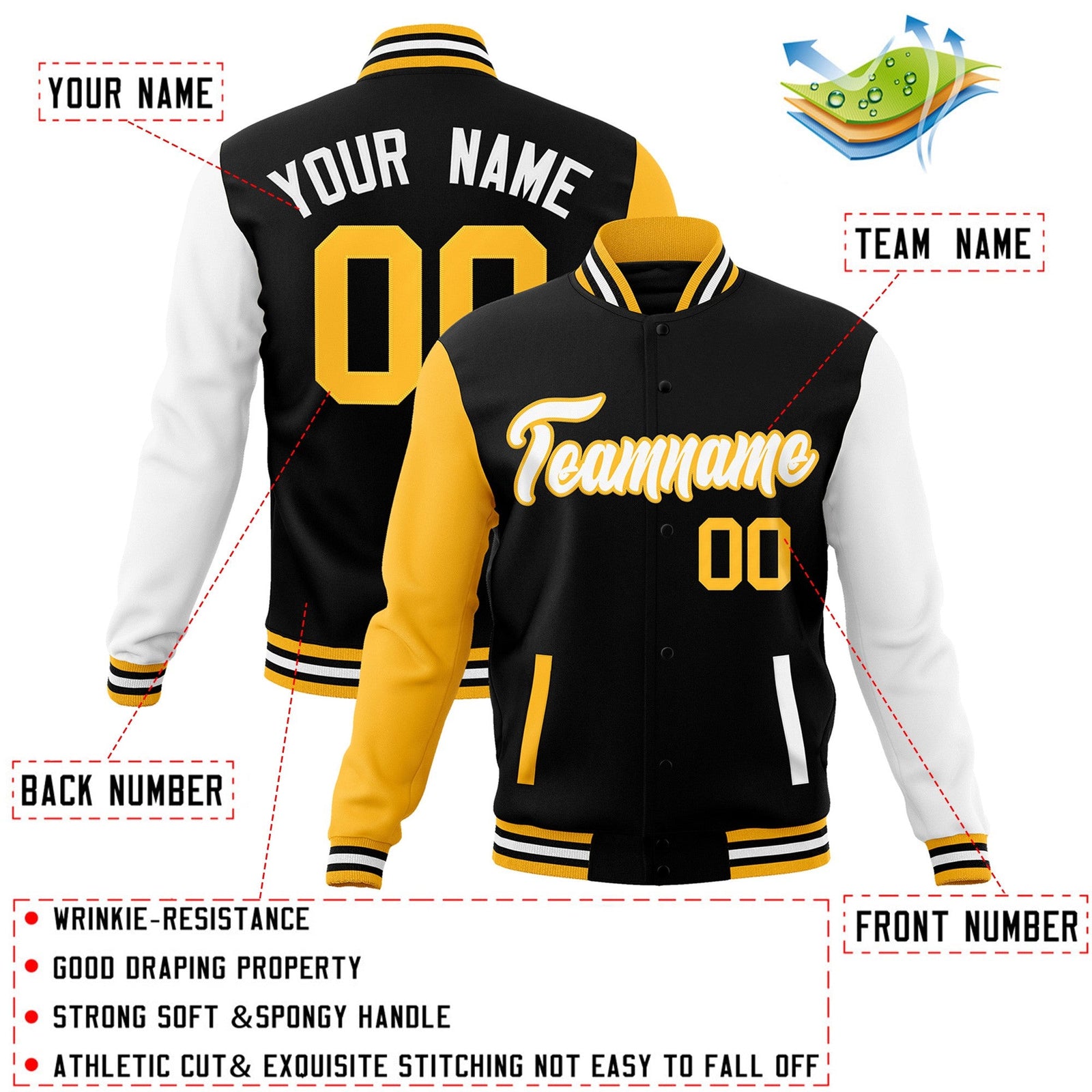Custom Black White-Yellow Raglan Sleeves Varsity Full-Snap Letterman Jacket