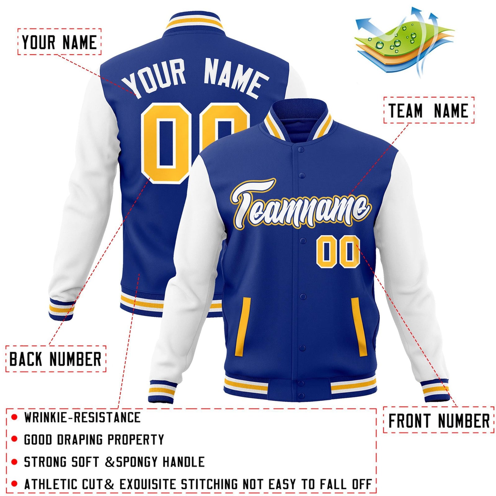 Custom Royal White-Royal Raglan Sleeves Varsity Full-Snap Letterman Jacket
