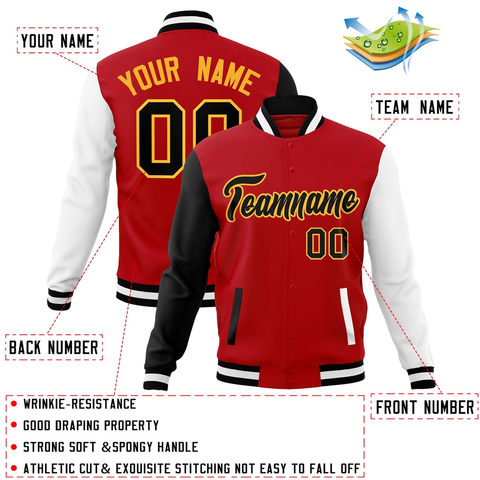 Custom Red Black-White Raglan Sleeves Varsity Full-Snap Letterman Jacket