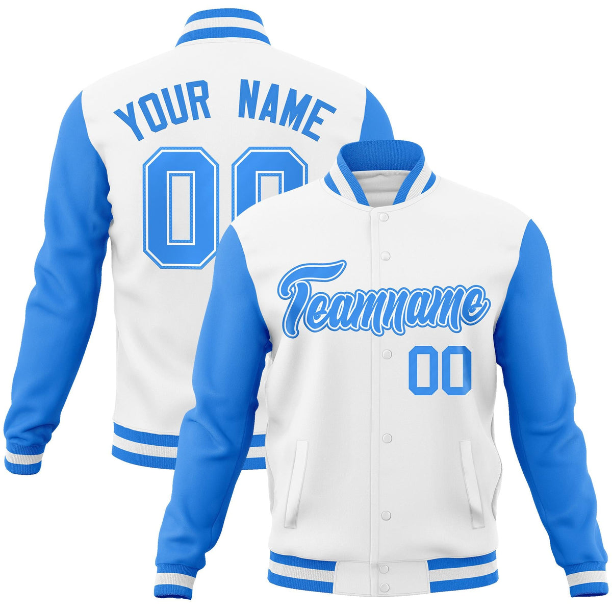 Custom White Powder Blue-White Raglan Sleeves Varsity Full-Snap Letterman Jacket