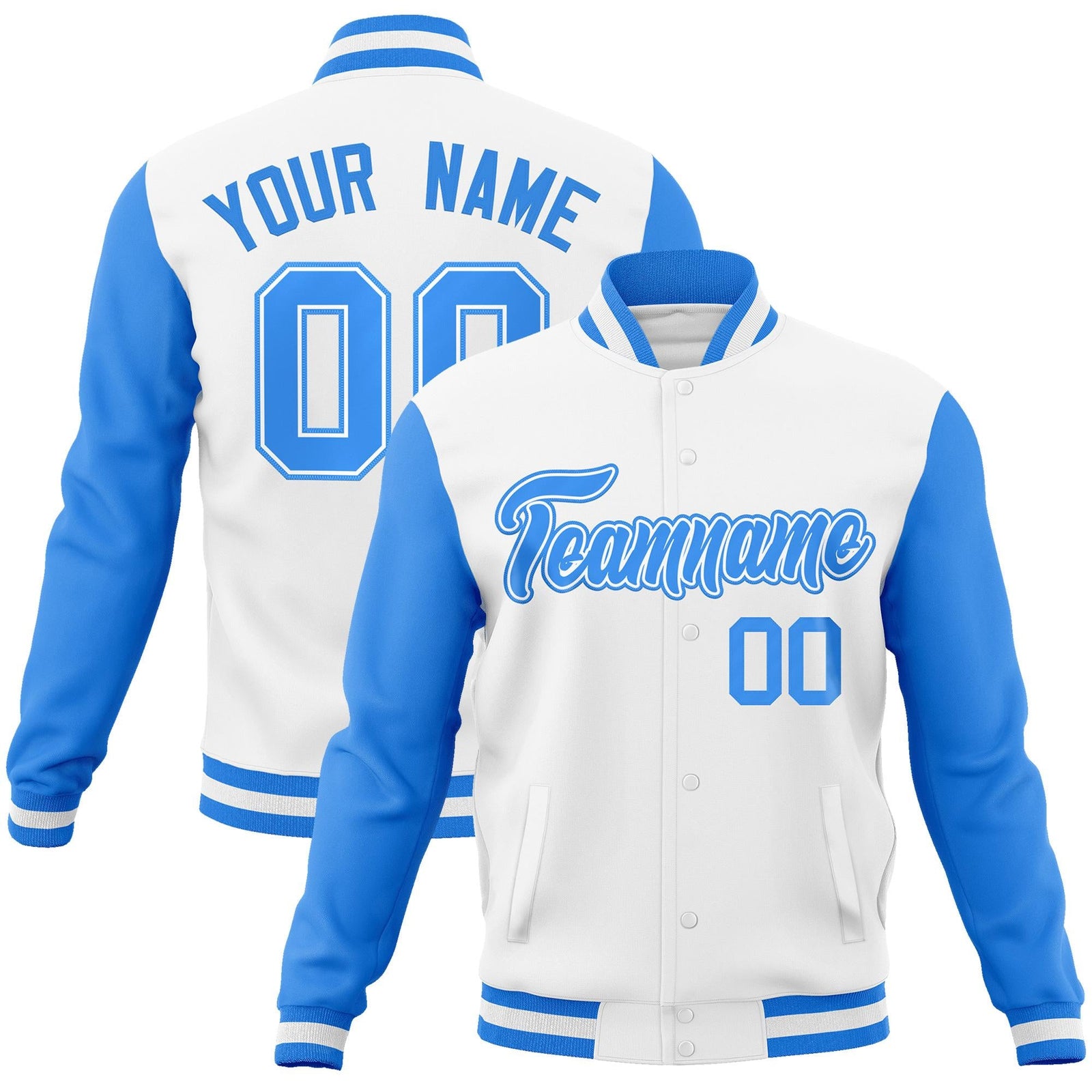 Custom White Powder Blue-White Raglan Sleeves Varsity Full-Snap Letterman Jacket