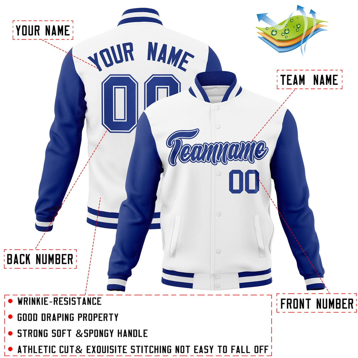 Custom White Royal-White Raglan Sleeves Varsity Full-Snap Letterman Jacket