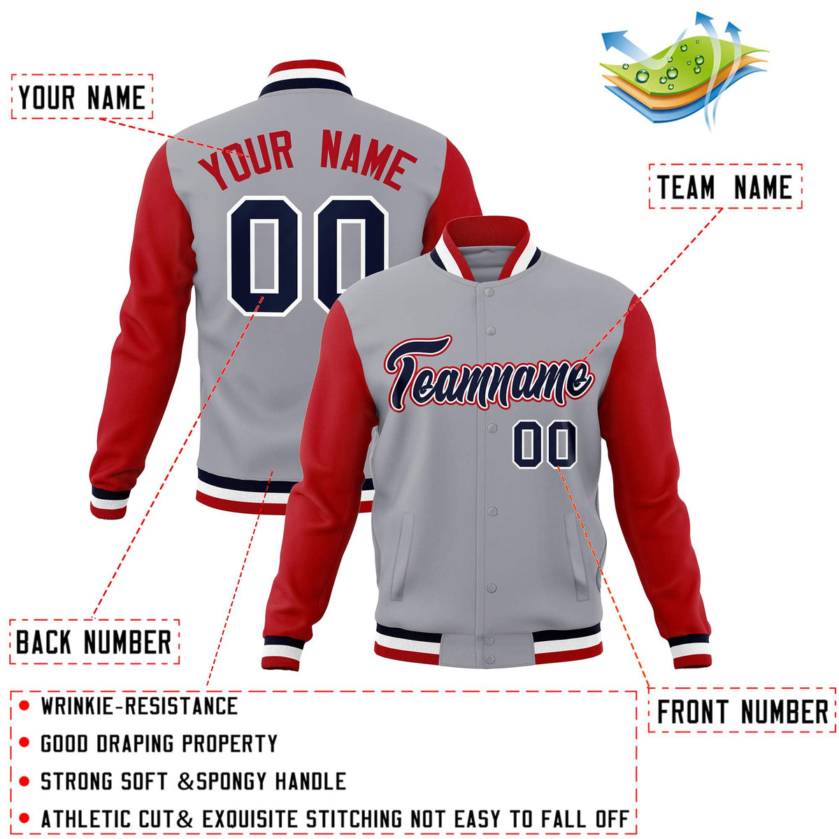 Custom Gray Navy-White Raglan Sleeves Varsity Full-Snap Letterman Jacket