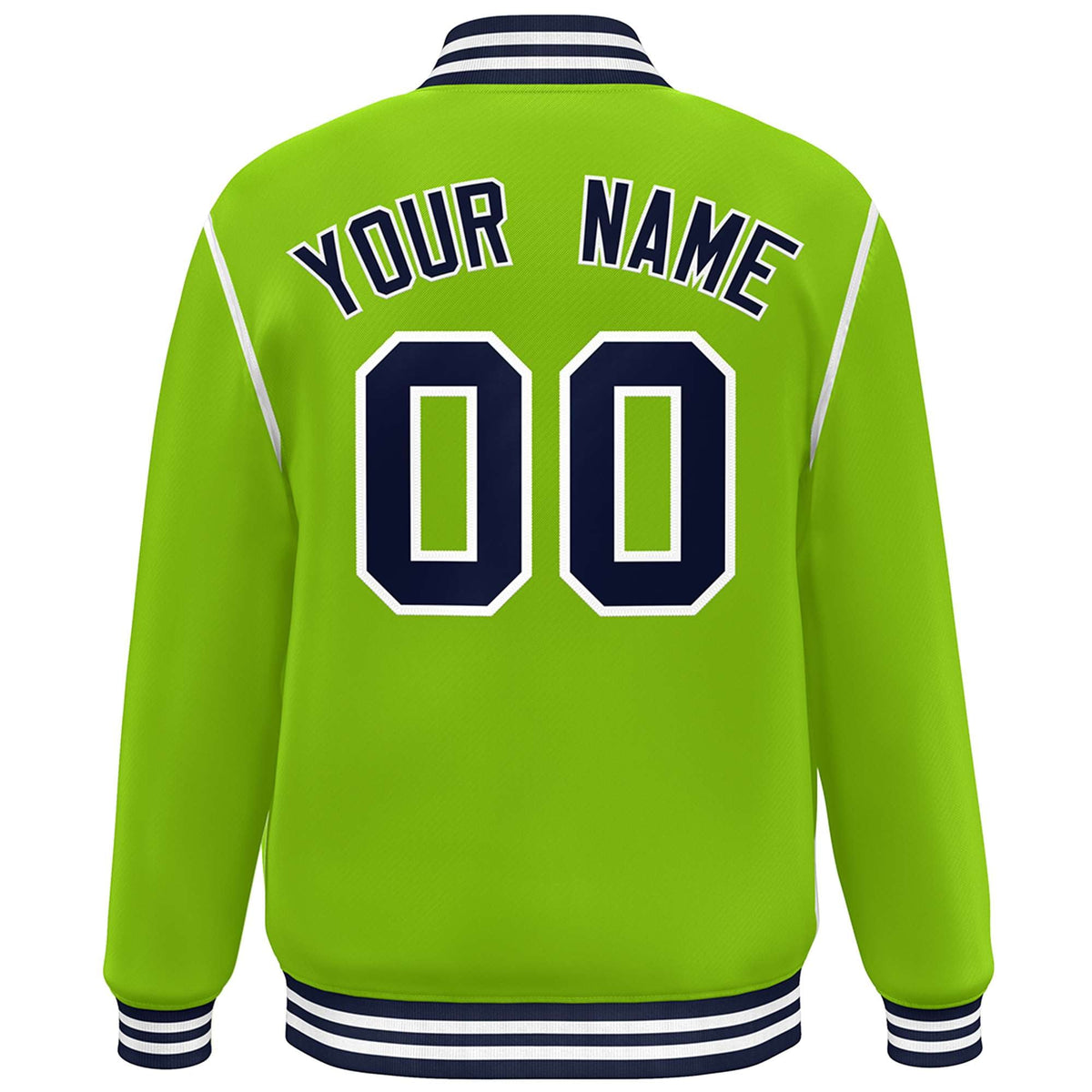 Custom Neon Green Navy-White Color Block Ribbon Varsity Full-Snap Bomber Jacket