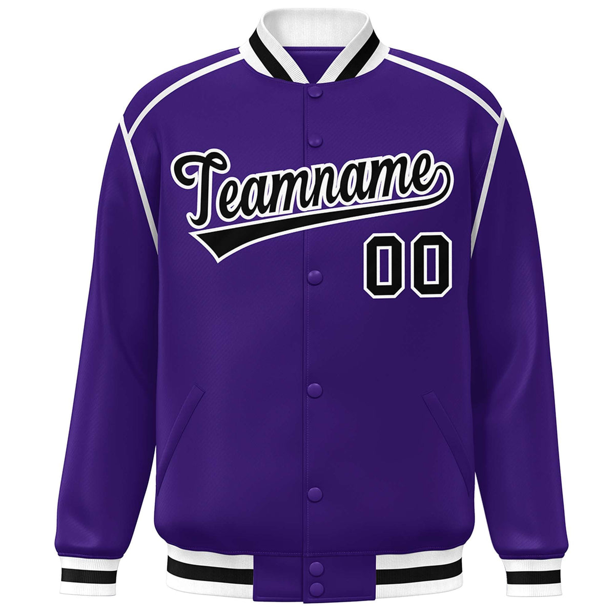 Custom Purple Black-White Color Block Ribbon Varsity Full-Snap Bomber Jacket