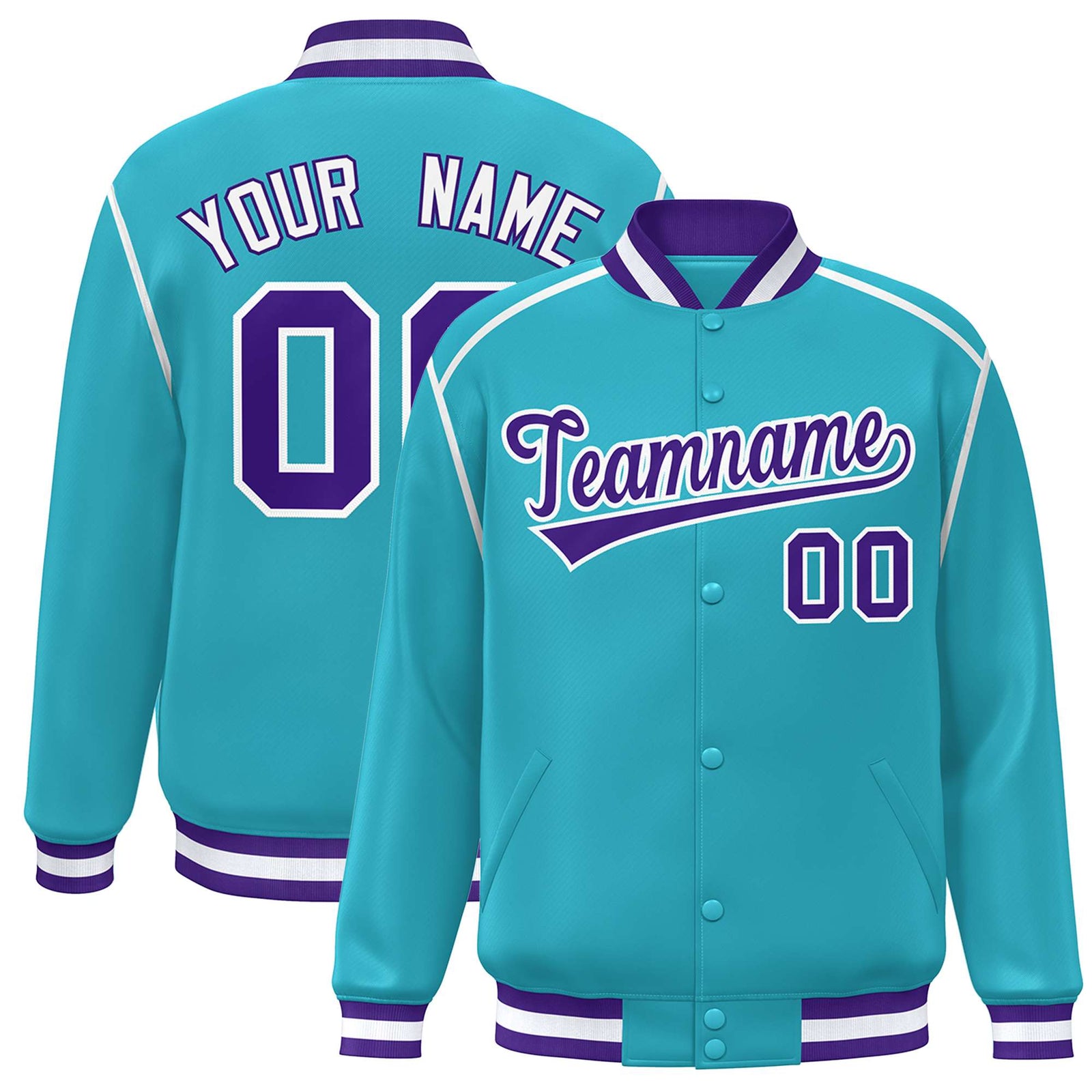 Custom Aqua Purple-White Color Block Ribbon Varsity Full-Snap Bomber Jacket