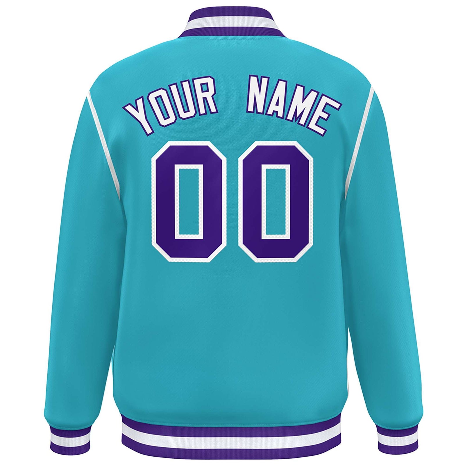Custom Aqua Purple-White Color Block Ribbon Varsity Full-Snap Bomber Jacket