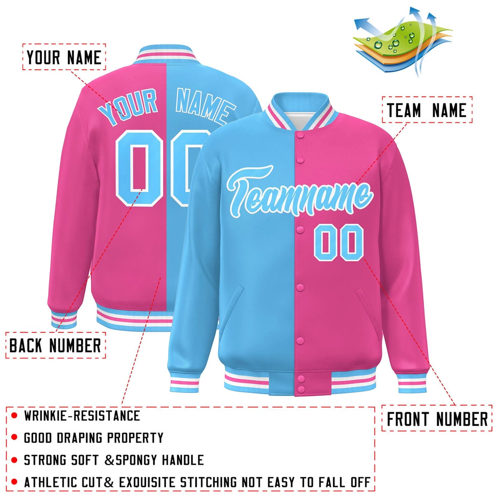 Custom Pink Light Blue-White Letterman Two Tone Split Fashion Varsity Full-Snap Jacket