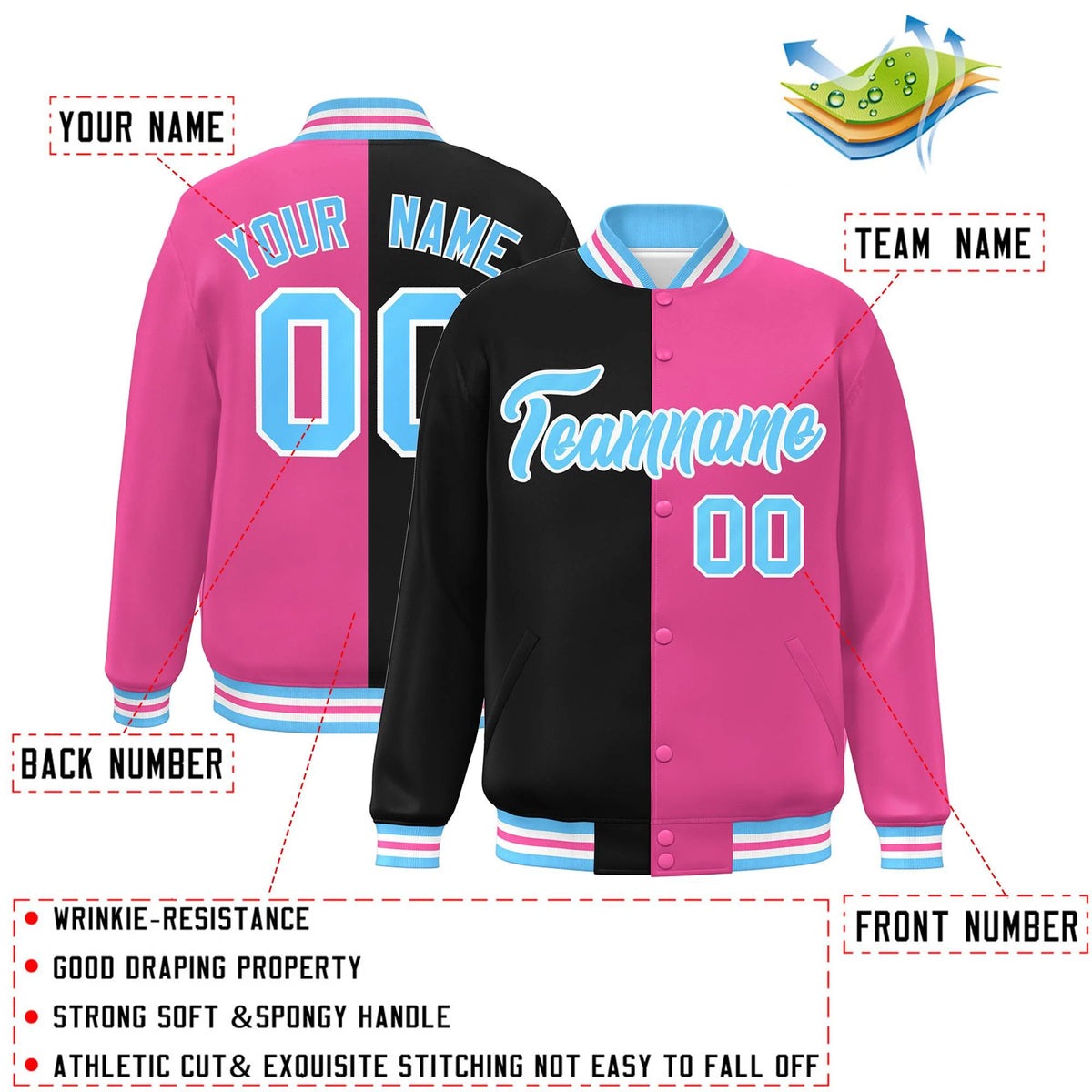 Custom Pink Black-Light Blue Letterman Two Tone Split Fashion Varsity Full-Snap Jacket