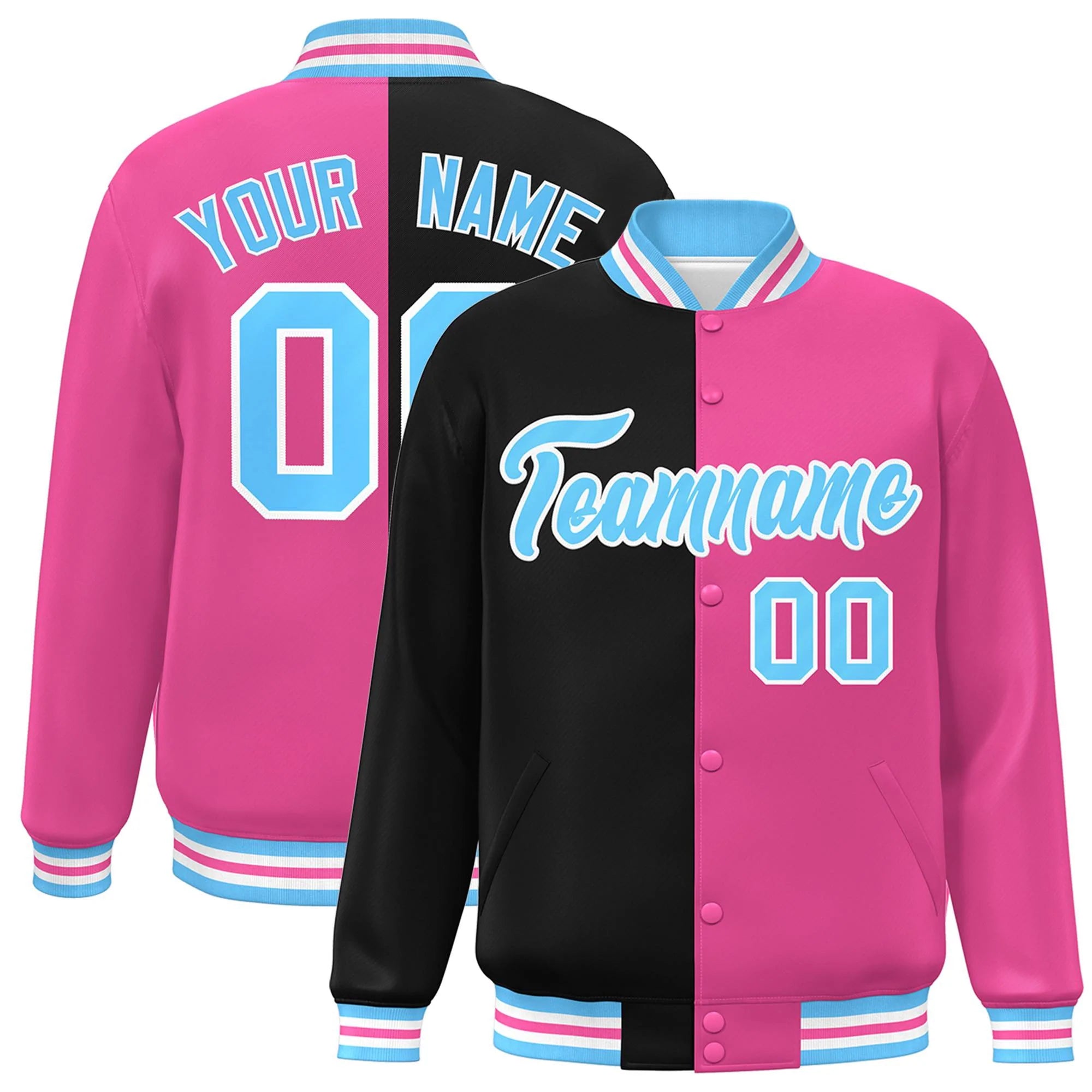 Custom Pink Black-Light Blue Letterman Two Tone Split Fashion Varsity Full-Snap Jacket