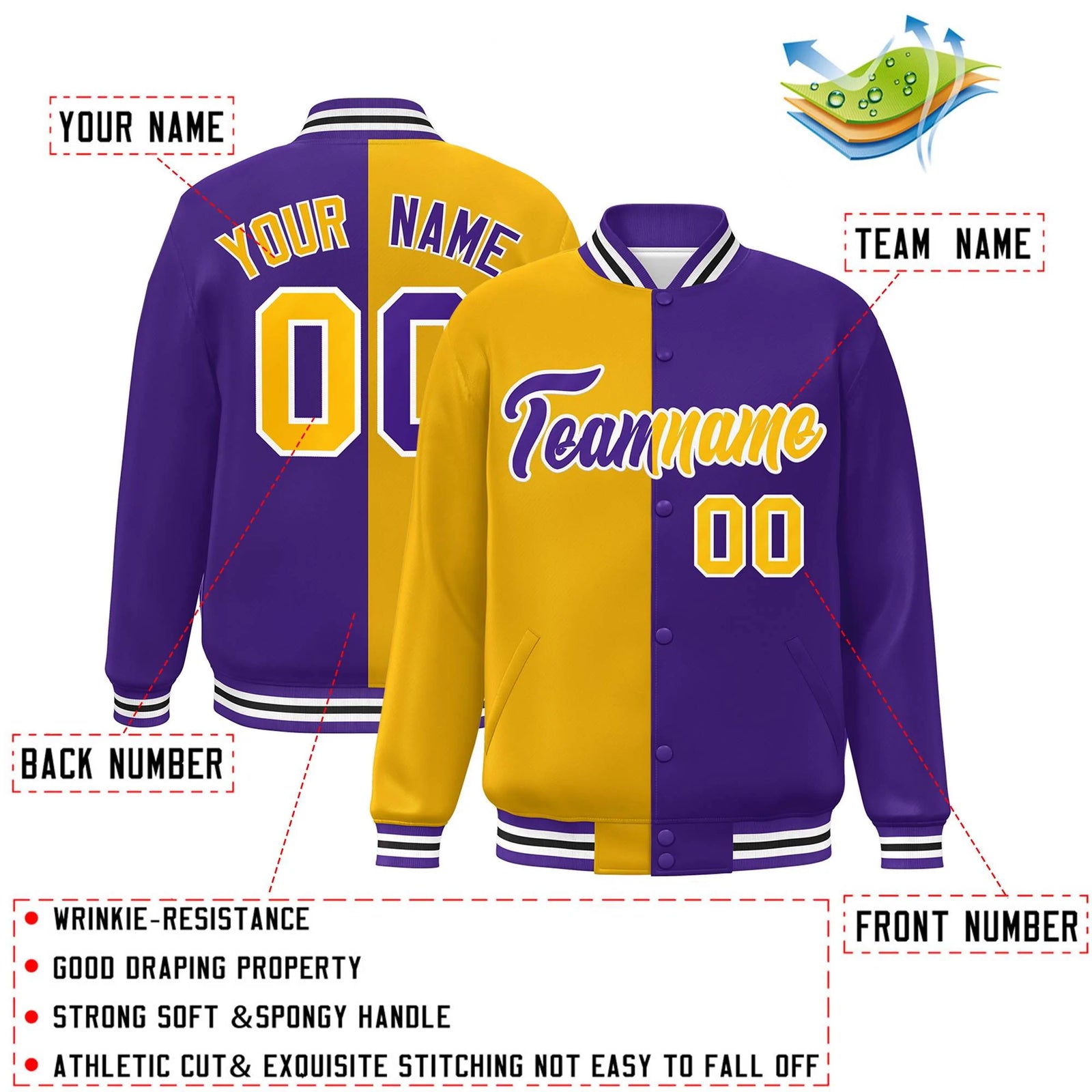 Custom Purple Gold-White Letterman Two Tone Split Fashion Varsity Full-Snap Jacket