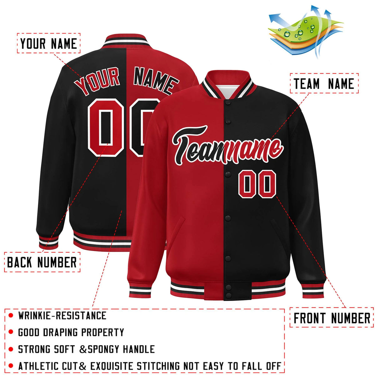 Custom Black Red-White Letterman Two Tone Split Fashion Varsity Full-Snap Jacket