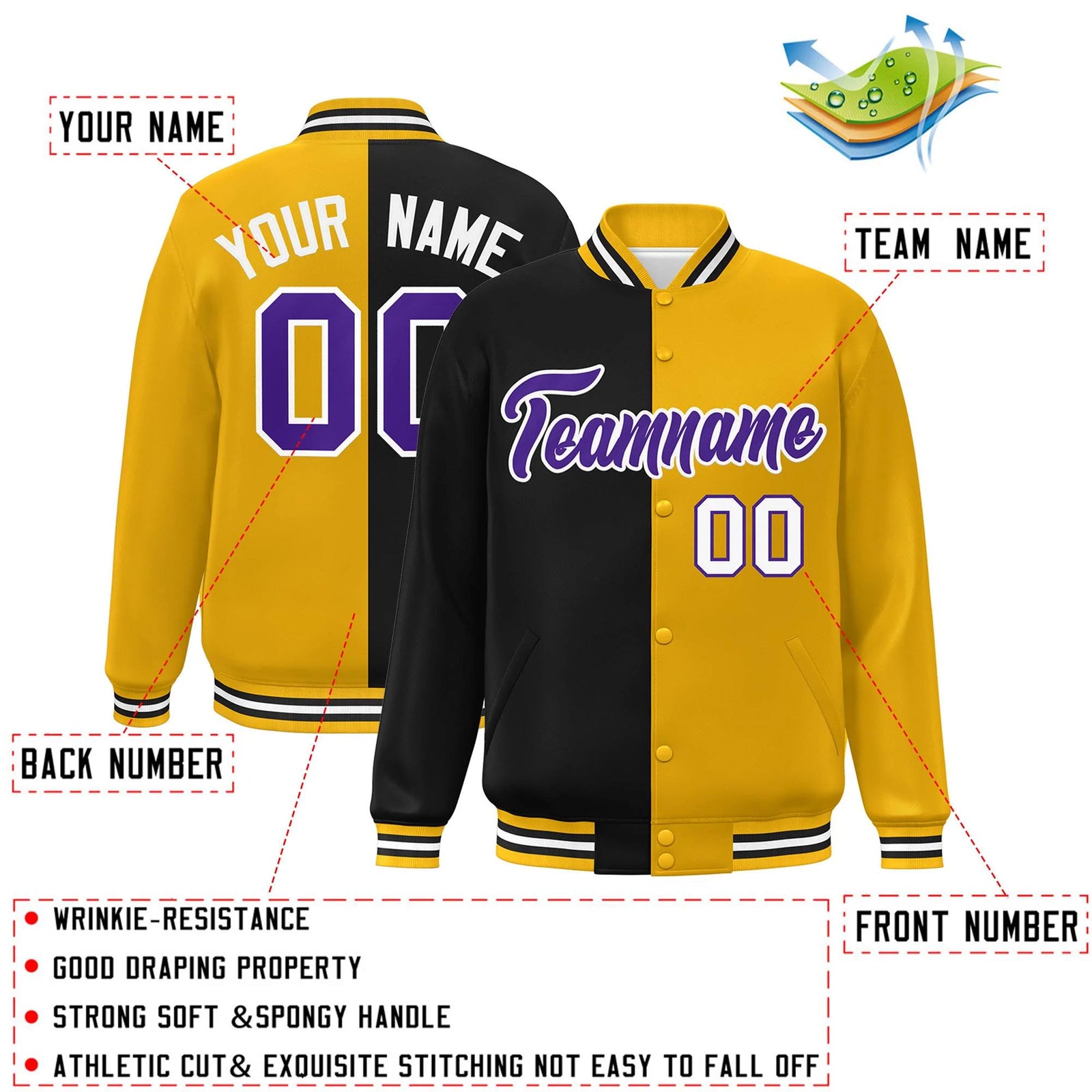 Custom Gold Black-Purple Letterman Two Tone Split Fashion Varsity Full-Snap Jacket