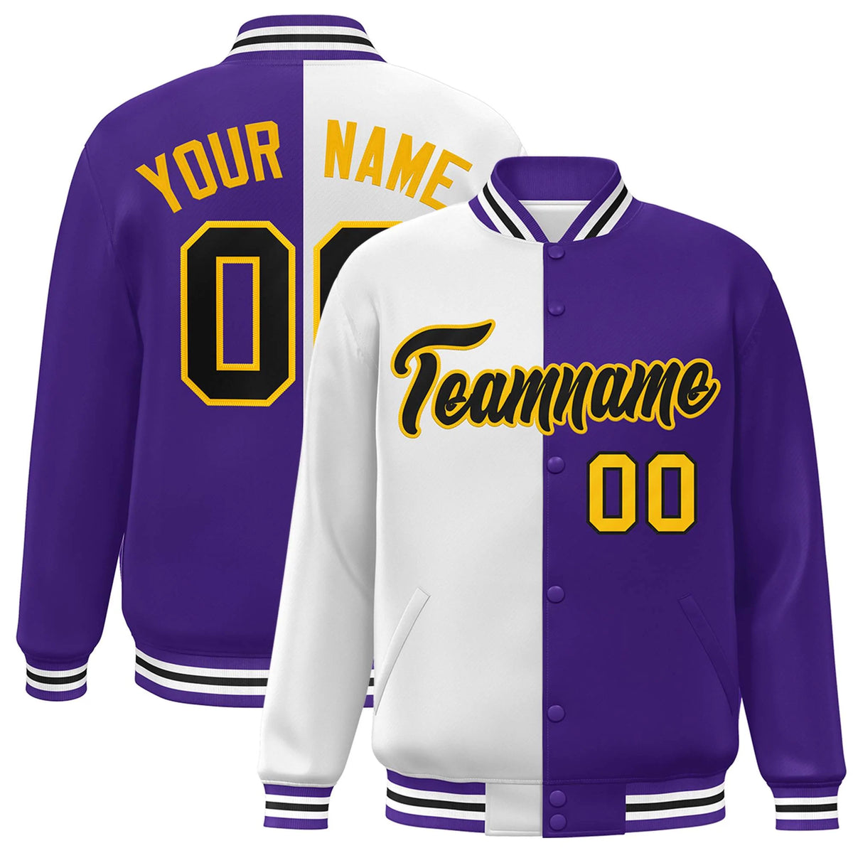 Custom Purple White-Black Letterman Two Tone Split Fashion Varsity Full-Snap Jacket