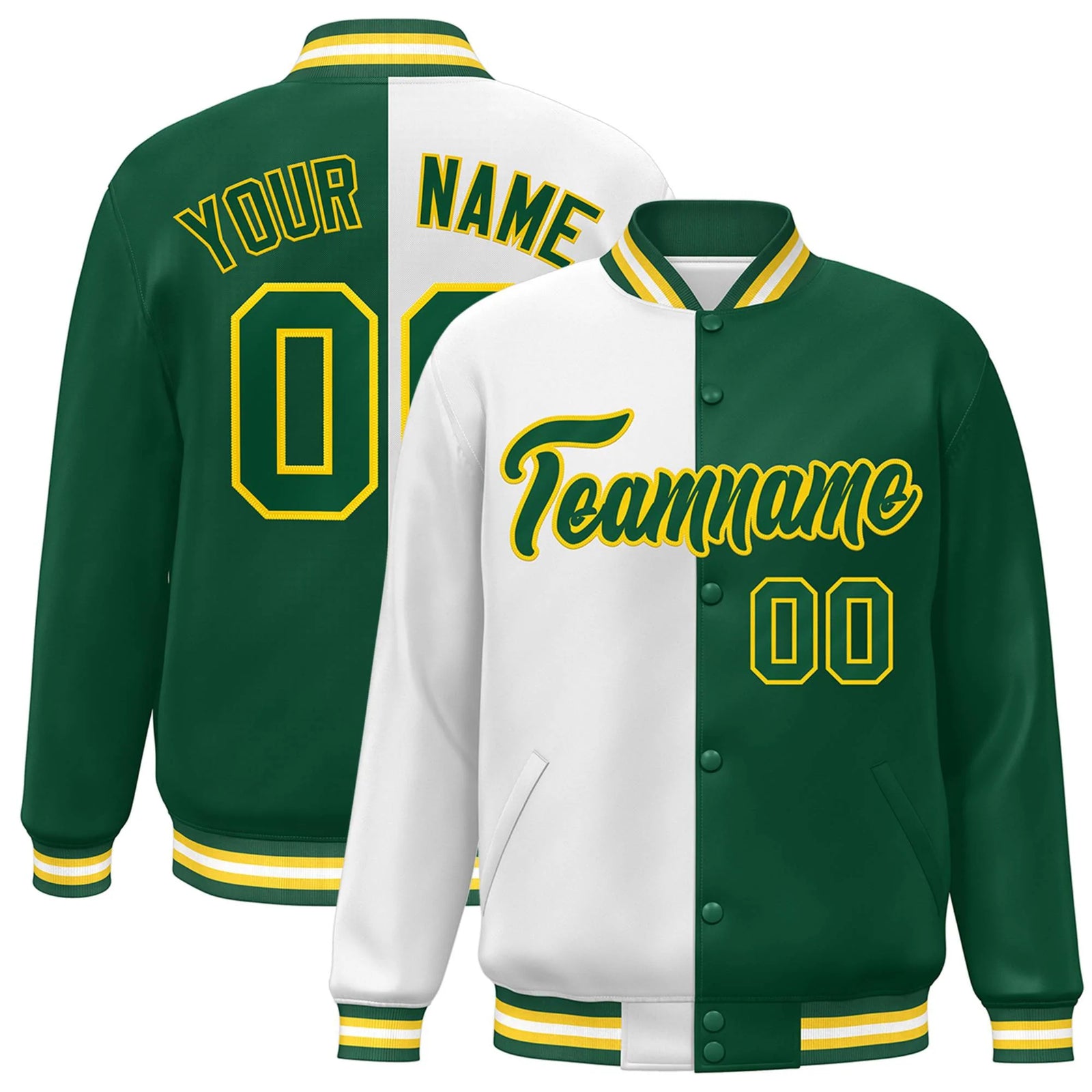 Custom Green White-Gold Letterman Two Tone Split Fashion Varsity Full-Snap Jacket