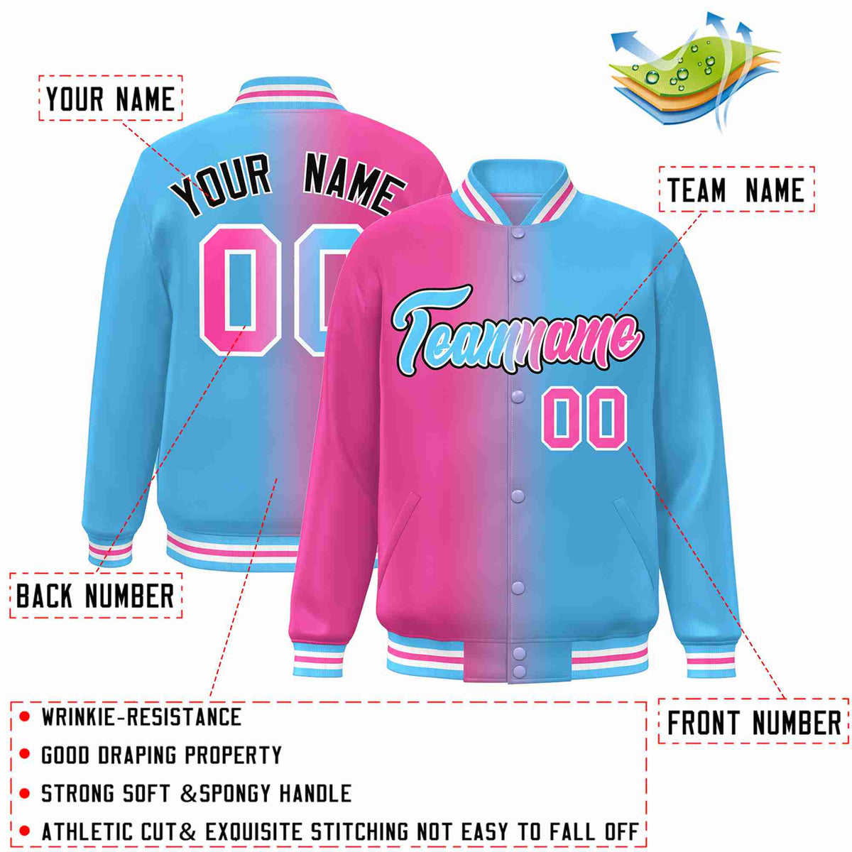 Custom Pink Powder Blue-Black Gradient Fashion Letterman Bomber Varsity Jacket