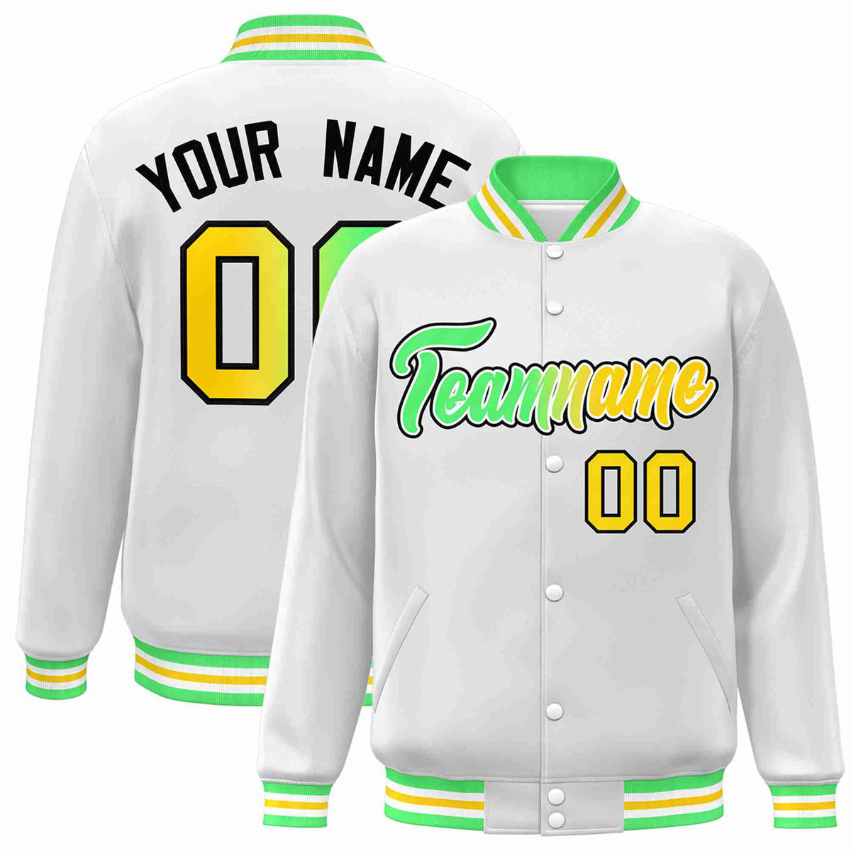 Custom White Green-White Gradient Fashion Letterman Bomber Varsity Jacket