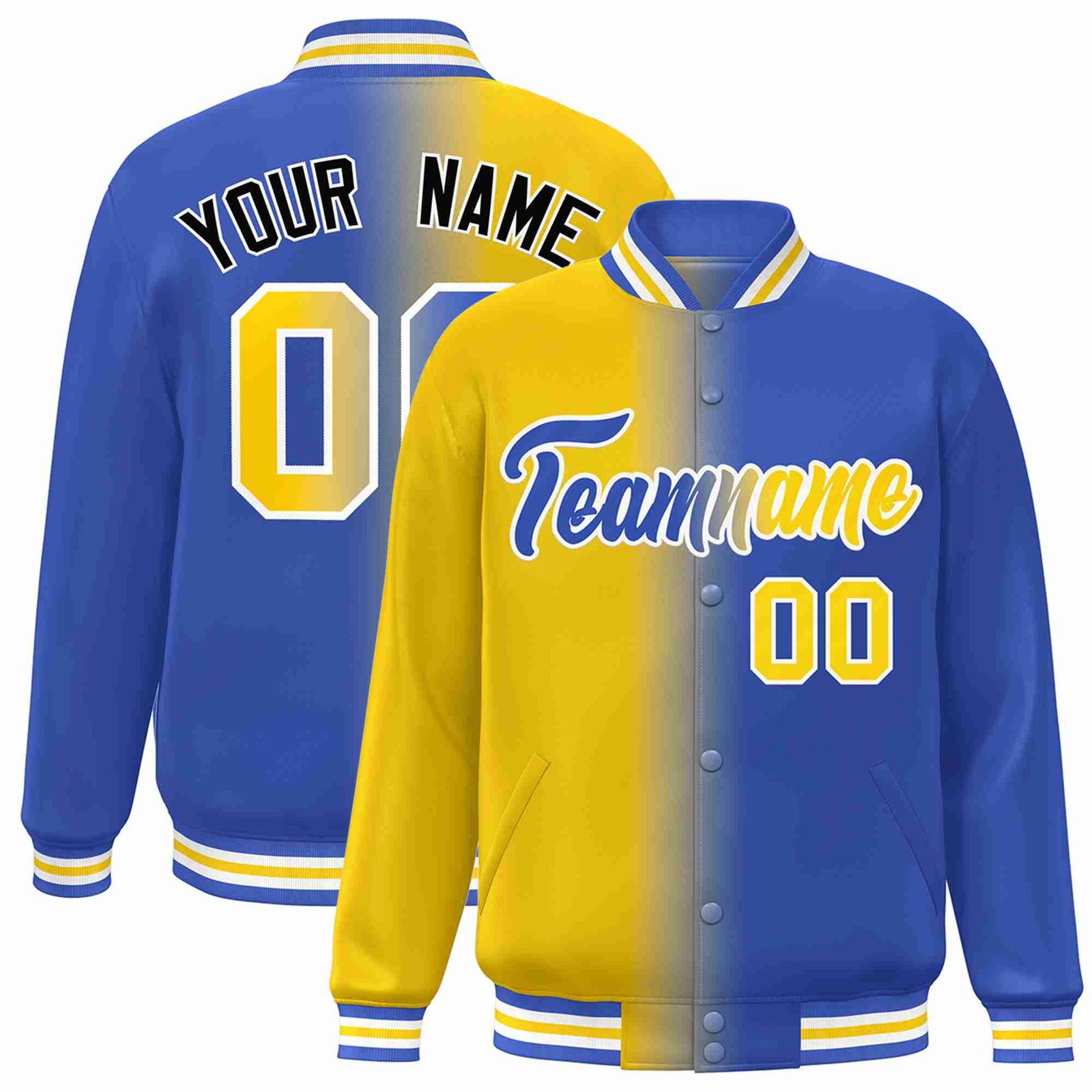Custom Yellow Royal-White Gradient Fashion Letterman Bomber Varsity Jacket