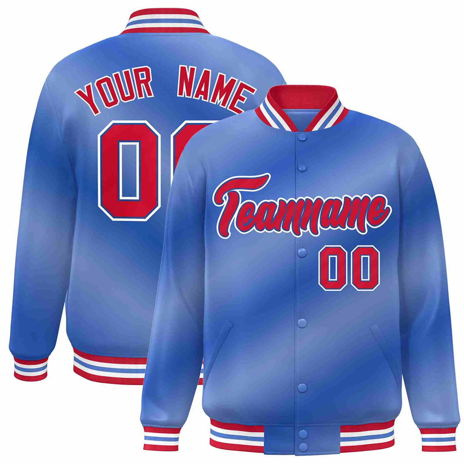 Custom Light Blue Red-Royal Gradient Fashion Letterman Bomber Varsity Jacket