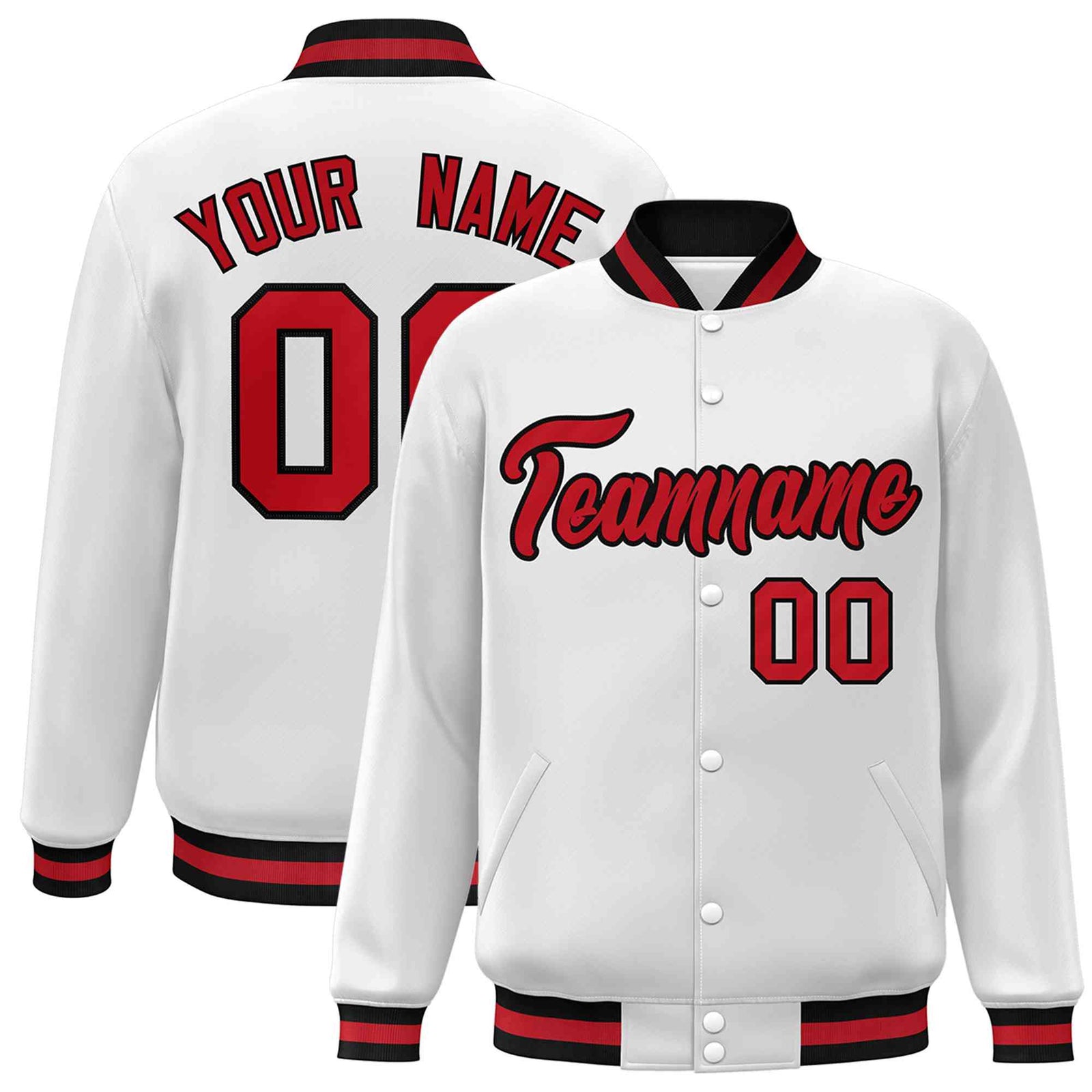Custom White Red-Black Classic Style Varsity Full-Snap Letterman Jacket