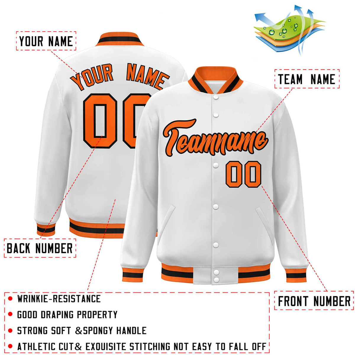 Custom White Orange-Black Classic Style Varsity Full-Snap Letterman Jacket