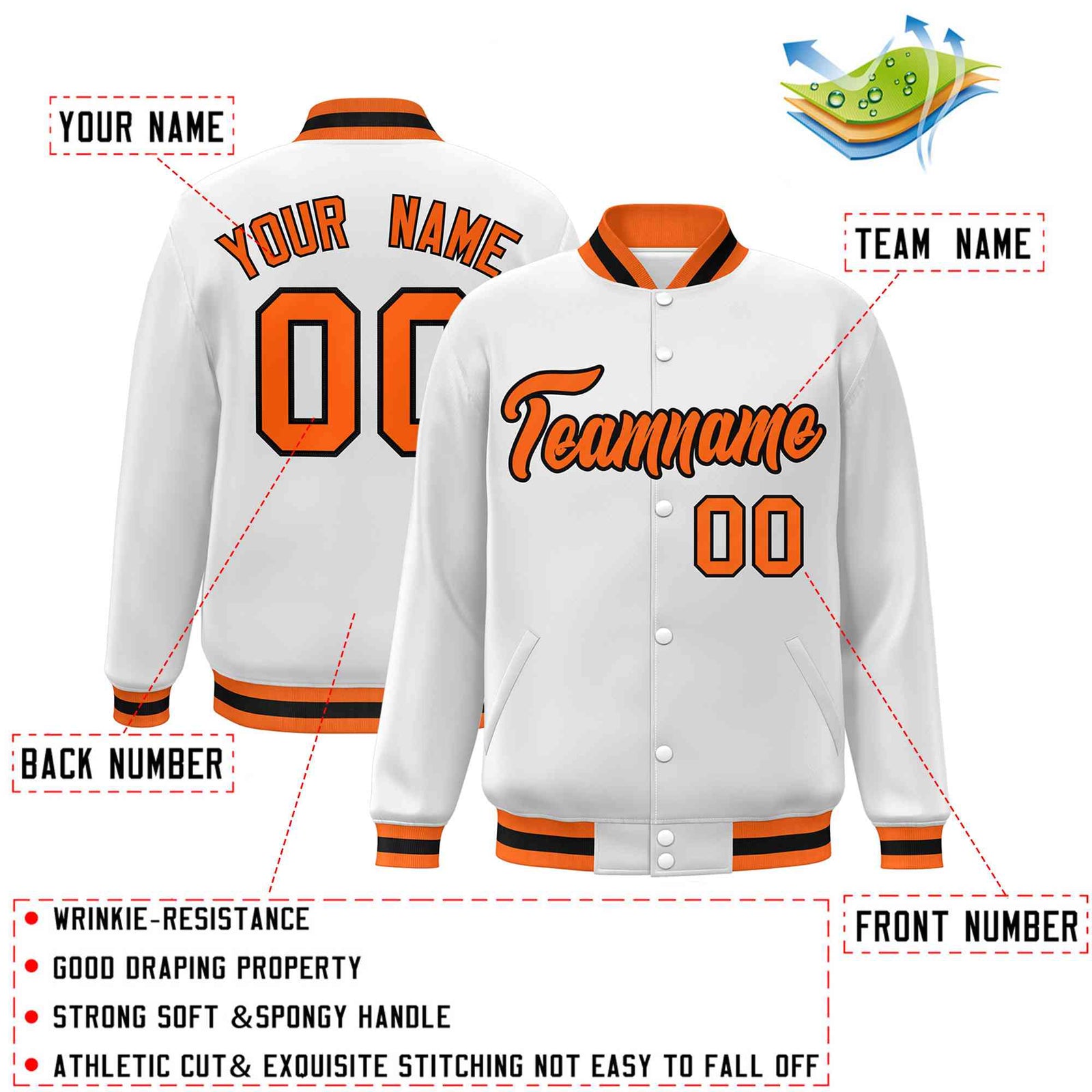 Custom White Orange-Black Classic Style Varsity Full-Snap Letterman Jacket