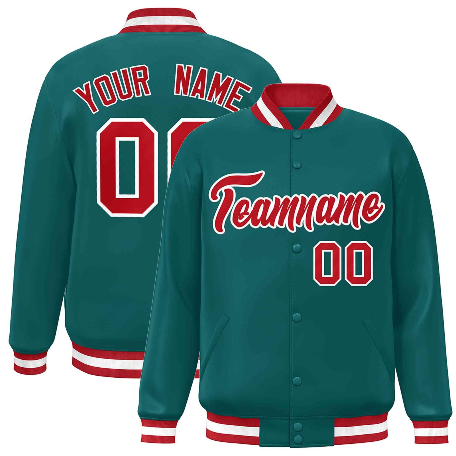 Custom Aqua Red-White Classic Style Varsity Full-Snap Letterman Jacket