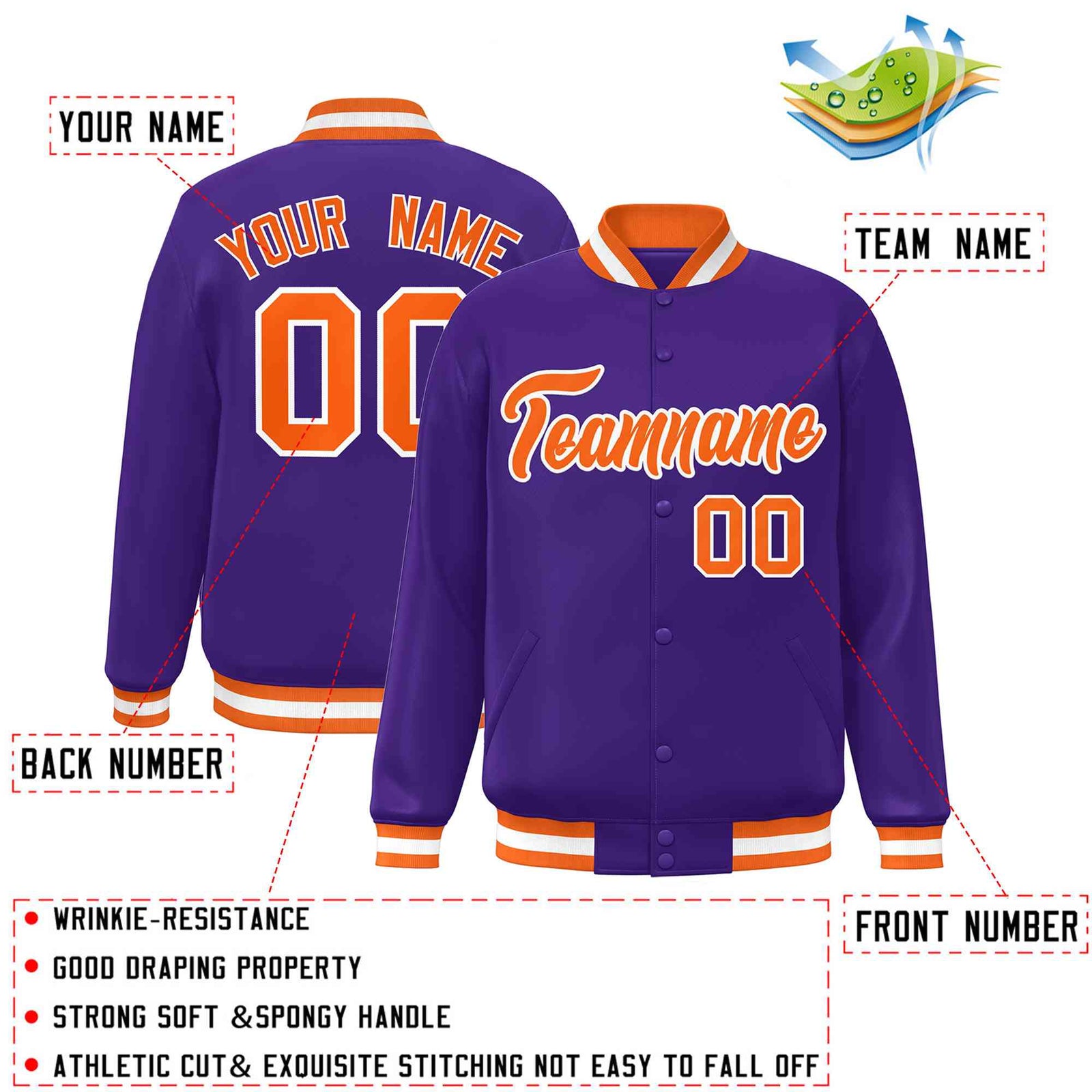 Custom Purple Orange-White Classic Style Varsity Full-Snap Letterman Jacket