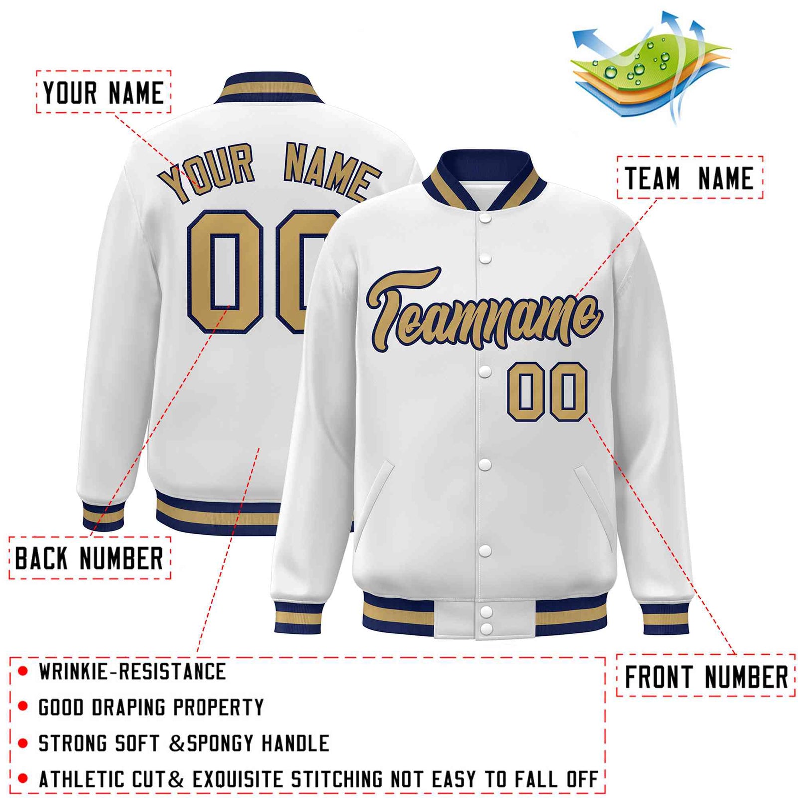 Custom White Old Gold-Navy Classic Style Varsity Full-Snap Letterman Jacket